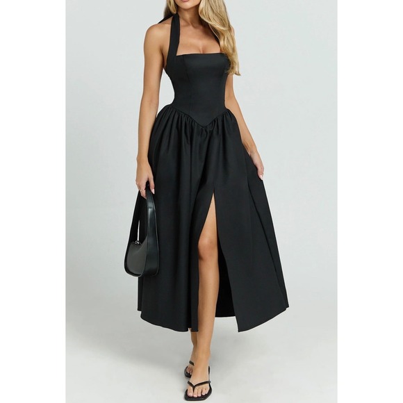 Showpo Dresses & Skirts - Showpo Black Halter Neck Corset Basque Waist Midi Dress size 2  milkmaid Goth